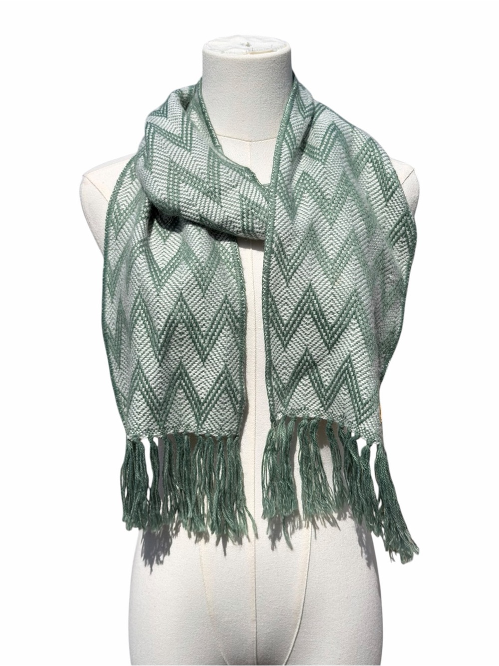 Asher Market Alpaca Blend Scarf Sage Green Cream Chevron Fringe Boho Cozy